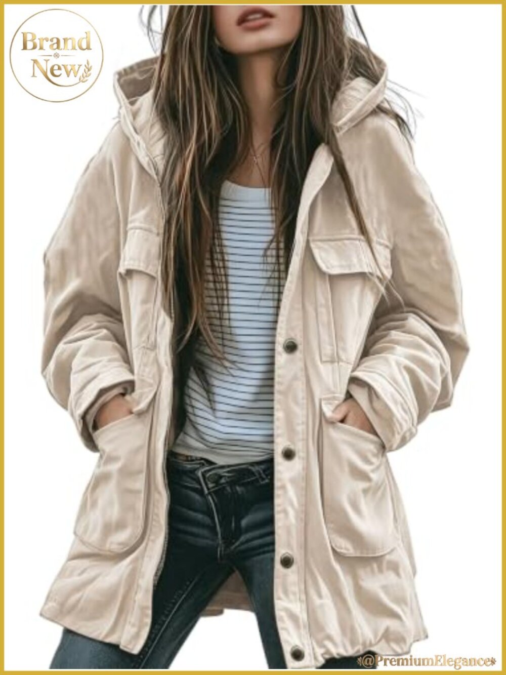 Hooded Cotton Safari Jacket Zip Up Trench Coat Military Anorak Outerwear Women
